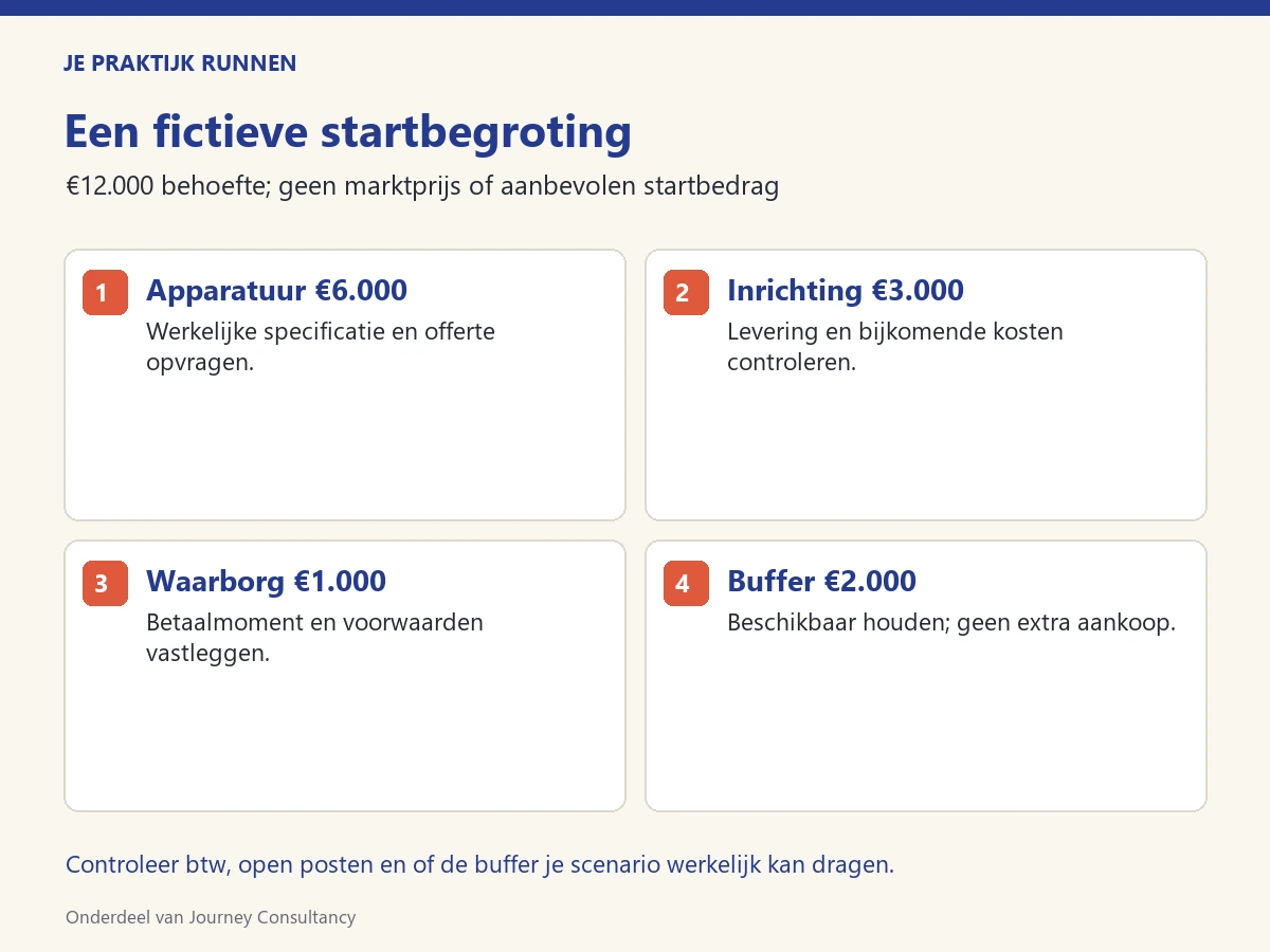 Een fictieve startbegroting Fictieve startbegroting: 6.000 euro apparatuur, 3.000 inrichting, 1.000 waarborg en 2.000 buffer.