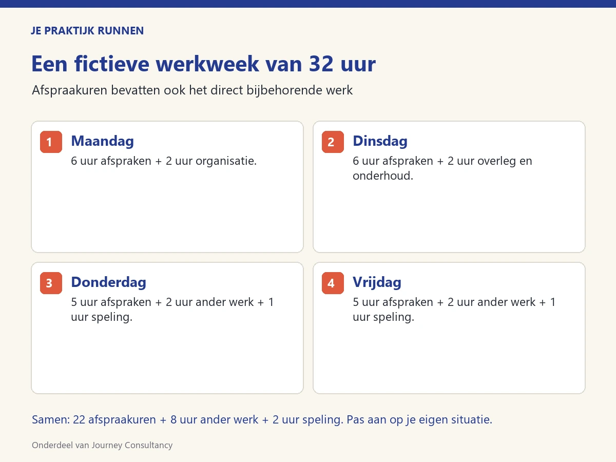 Fictieve vierdaagse week met 22 afspraakuren, acht uur ondernemerstaken en twee uur speling.